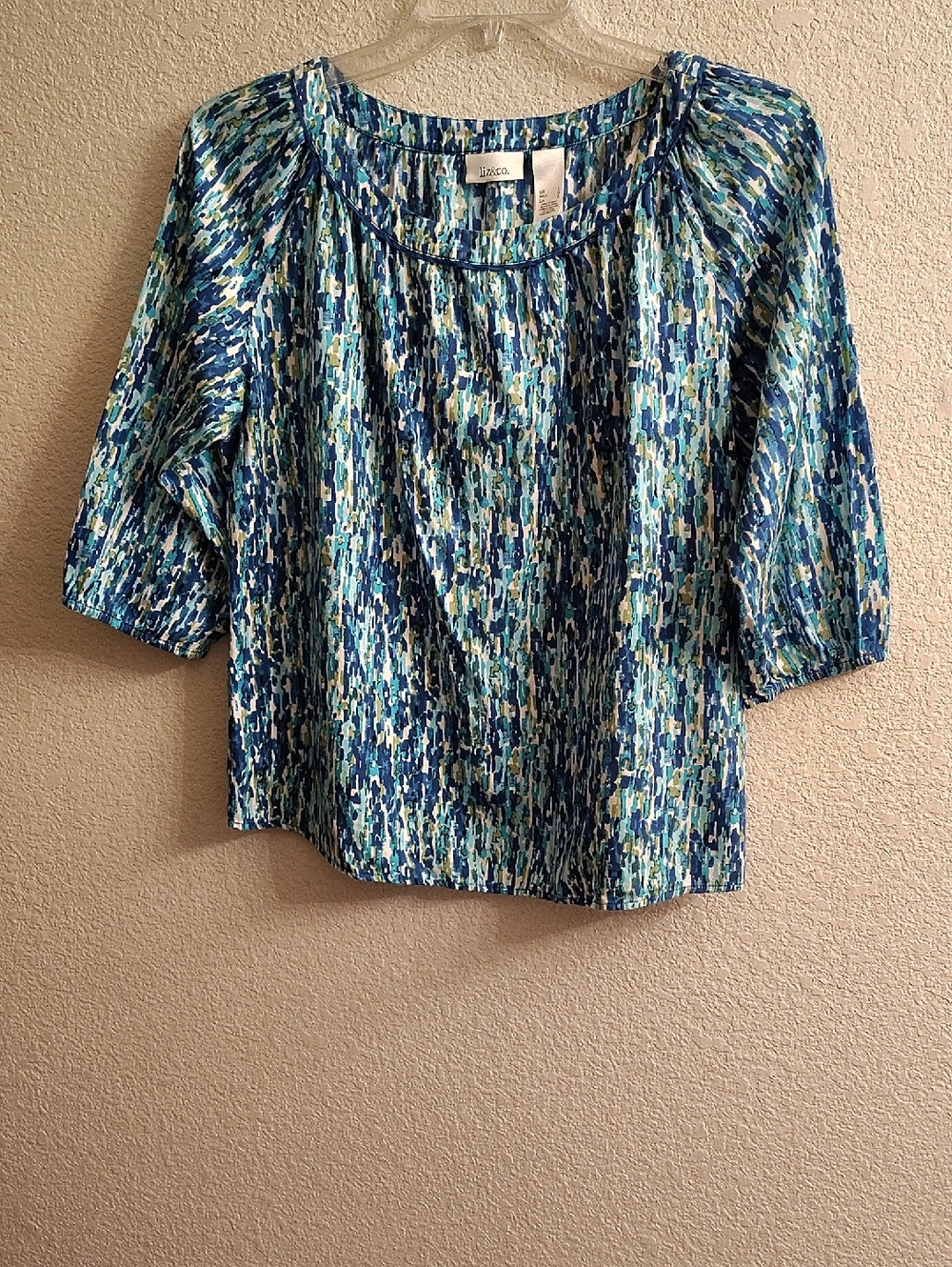 Liz Claiborne Women's Sz L Blue White Print 3/4 Bell Sleeves Blouse B26 X P